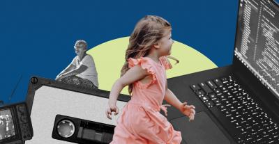 Illustration of child, old person and technology