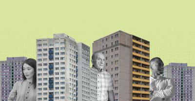 Illustration of different people among buildings